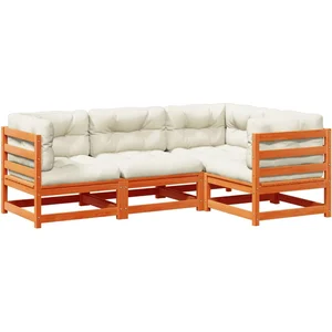 vidaXL Salon de jardin 4 pcs avec coussins cire marron bois pin massif pas cher