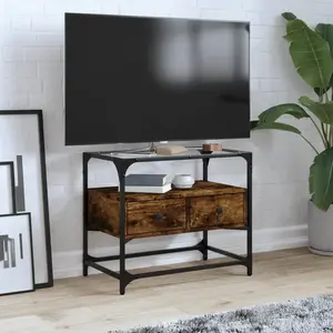 vidaXL Meuble TV avec dessus en verre chêne fumé bois d'ingénierie pas cher