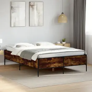 vidaXL Cadre de lit chêne fumé 140x190 cm bois d'ingénierie et métal pas cher