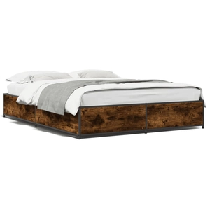 vidaXL Cadre de lit chêne fumé 140x200 cm bois d'ingénierie et métal pas cher