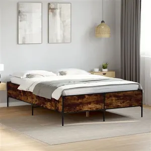 vidaXL Cadre de lit chêne fumé 120x190 cm bois d'ingénierie et métal pas cher