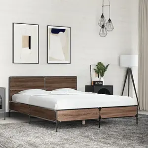 vidaXL Cadre de lit chêne marron 140x190 cm bois d'ingénierie et métal pas cher