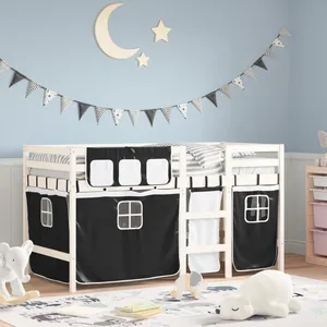 vidaXL Lit mezzanine enfants et rideaux blanc/noir 90x190cm pin massif pas cher