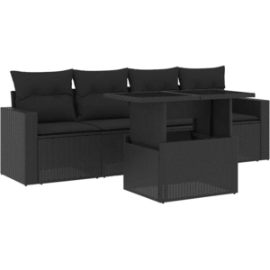 vidaXL Salon de jardin 5 pcs avec coussins noir résine tressée pas cher