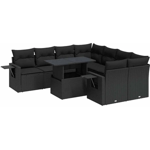 vidaXL Salon de jardin 9 pcs avec coussins noir résine tressée pas cher