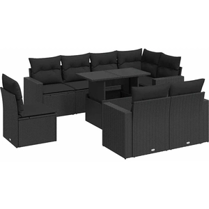 vidaXL Salon de jardin 9 pcs avec coussins noir résine tressée pas cher