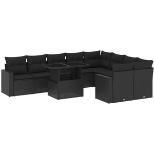 vidaXL Salon de jardin 10 pcs avec coussins noir résine tressée pas cher