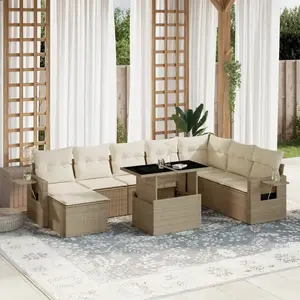 vidaXL Salon de jardin avec coussins 9 pcs beige résine tressée pas cher