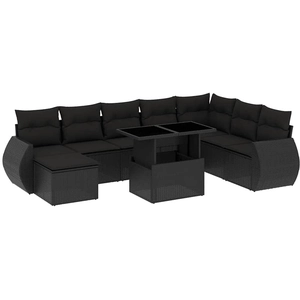 vidaXL Salon de jardin 9 pcs avec coussins noir résine tressée pas cher
