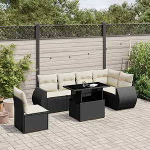 vidaXL Salon de jardin 7 pcs avec coussins noir résine tressée pas cher