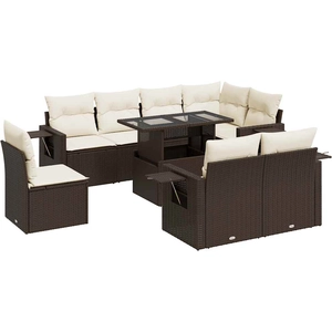 vidaXL Salon de jardin avec coussins 9 pcs marron résine tressée pas cher