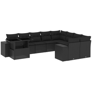 vidaXL Salon de jardin 10 pcs avec coussins noir résine tressée pas cher