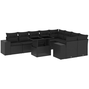vidaXL Salon de jardin 10 pcs avec coussins noir résine tressée pas cher