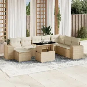 vidaXL Salon de jardin avec coussins 9 pcs beige résine tressée pas cher