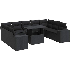 vidaXL Salon de jardin 10 pcs avec coussins noir résine tressée pas cher