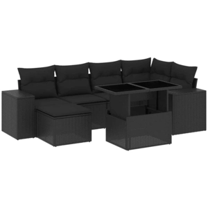 vidaXL Salon de jardin 7 pcs avec coussins noir résine tressée pas cher