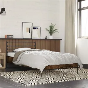 vidaXL Cadre de lit chêne fumé 90x190 cm bois d'ingénierie et métal pas cher