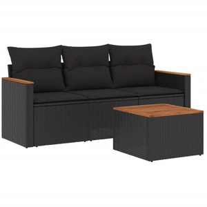 vidaXL Salon de jardin 4 pcs avec coussins noir résine tressée pas cher
