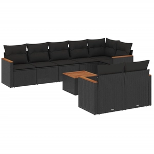 vidaXL Salon de jardin 9 pcs avec coussins noir résine tressée pas cher
