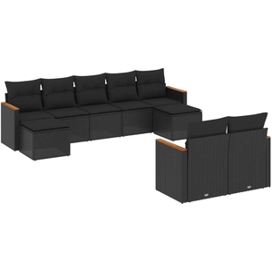 vidaXL Salon de jardin 9 pcs avec coussins noir résine tressée pas cher