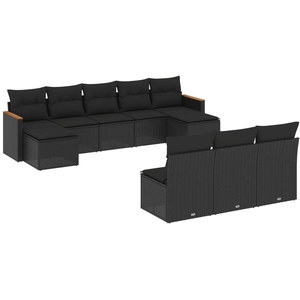 vidaXL Salon de jardin 10 pcs avec coussins noir résine tressée pas cher