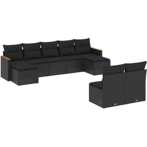 vidaXL Salon de jardin 9 pcs avec coussins noir résine tressée pas cher