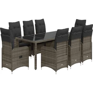 vidaXL Ensemble de bistro de jardin 9 pcs coussins gris poly rotin pas cher