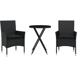 vidaXL Ensemble de bistro avec coussins 3pcs noir résine tressée verre pas cher