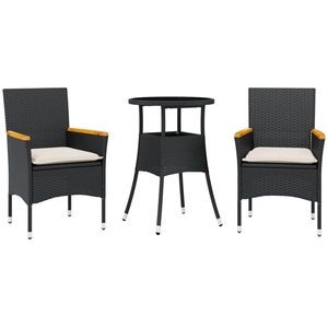 vidaXL Ensemble à manger de jardin et coussins 3 pcs noir rotin verre pas cher