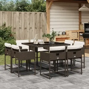 vidaXL Ensemble à manger de jardin et coussins 9 pcs marron poly rotin pas cher
