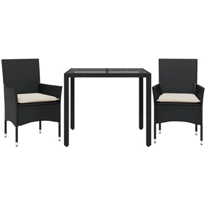 vidaXL Ensemble à manger de jardin et coussins 3 pcs noir rotin verre pas cher