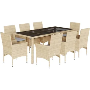 vidaXL Ensemble à manger de jardin et coussins 9 pcs beige rotin verre pas cher