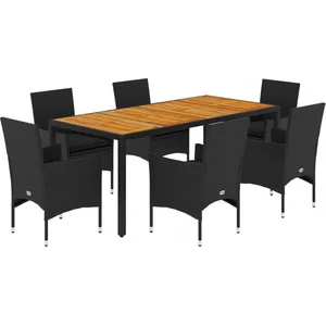 vidaXL Ensemble à manger de jardin et coussins 7pcs noir rotin acacia pas cher