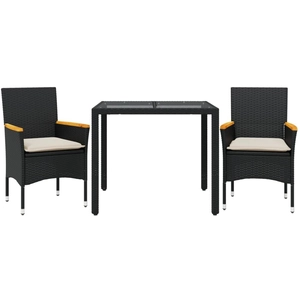vidaXL Ensemble à manger de jardin et coussins 3 pcs noir rotin verre pas cher