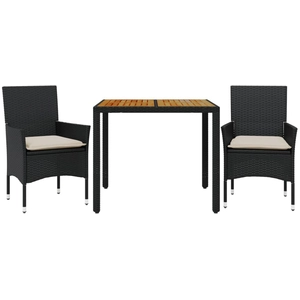 vidaXL Ensemble à manger de jardin et coussins 3 pcs noir rotin acacia pas cher