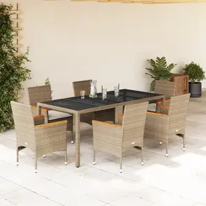 vidaXL Ensemble à manger de jardin et coussins 7 pcs beige rotin verre pas cher