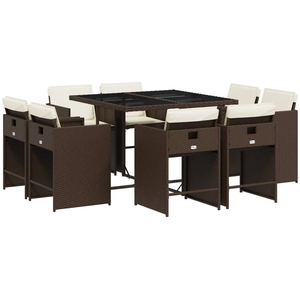 vidaXL Ensemble à manger de jardin et coussins 9 pcs marron poly rotin pas cher