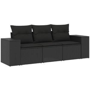 vidaXL Salon de jardin 3 pcs avec coussins noir résine tressée pas cher