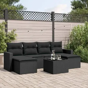 vidaXL Salon de jardin 7 pcs avec coussins noir résine tressée pas cher