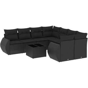 vidaXL Salon de jardin 9 pcs avec coussins noir résine tressée pas cher