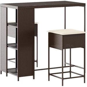 vidaXL Ensemble de bar de jardin 3 pcs et coussins brun résine tressée pas cher