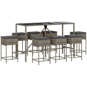 vidaXL Ensemble de bar de jardin 9 pcs avec coussins gris poly rotin pas cher