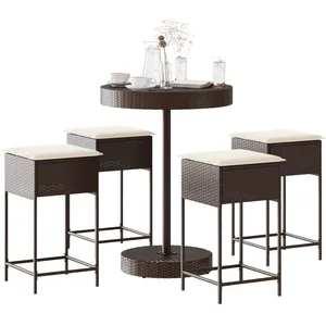 vidaXL Ensemble de bar de jardin avec coussins 5 pcs marron poly rotin pas cher