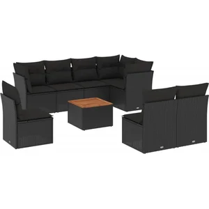 vidaXL Salon de jardin 9 pcs avec coussins noir résine tressée pas cher
