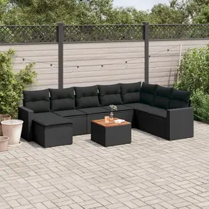 vidaXL Salon de jardin 9 pcs avec coussins noir résine tressée pas cher