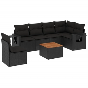 vidaXL Salon de jardin 7 pcs avec coussins noir résine tressée pas cher