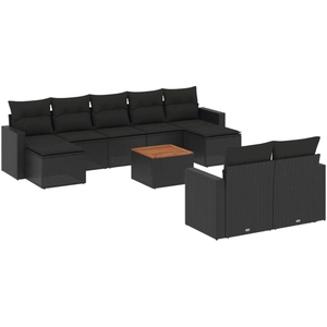 vidaXL Salon de jardin 10 pcs avec coussins noir résine tressée pas cher