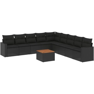 vidaXL Salon de jardin 10 pcs avec coussins noir résine tressée pas cher