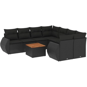 vidaXL Salon de jardin 9 pcs avec coussins noir résine tressée pas cher