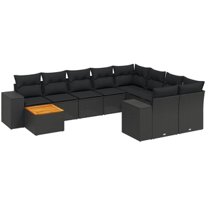 vidaXL Salon de jardin 10 pcs avec coussins noir résine tressée pas cher